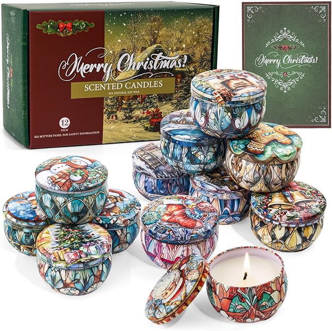 Christmas Candle Gifts Set,12 Pack Scented Candles for Women,300 Hour Long Lasting Natural Soy Wax Aromatherapy Candle, Christmas Gifts for Women