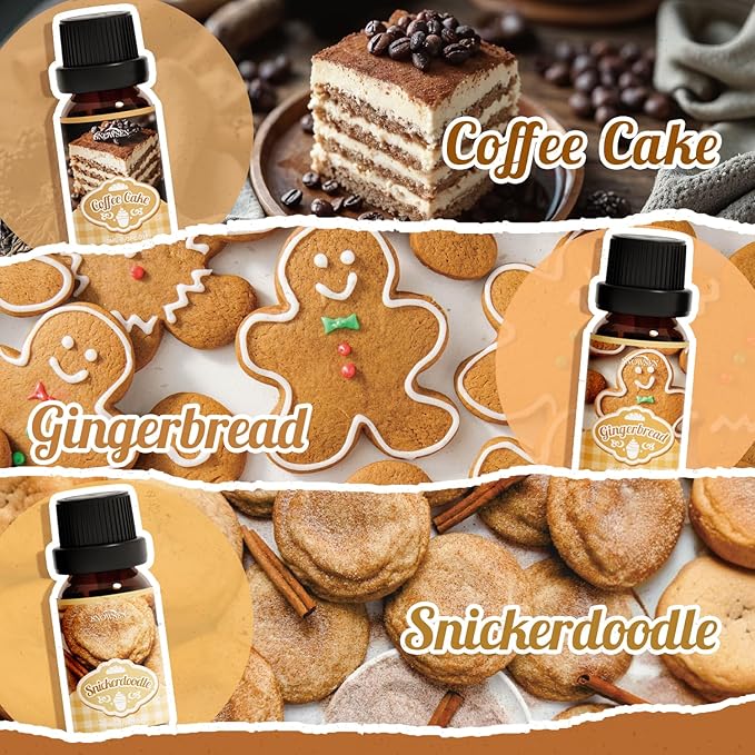 Bakery Essential Oils Gift Set, SNOWSEN Dessert Fragrance Oils for Diffuser for Home, Pumpkin Pie, Waffle, Coffee Cake, Chocolate Cupcake, Gingerbread, Snickerdoodle Aromatherapy Oils