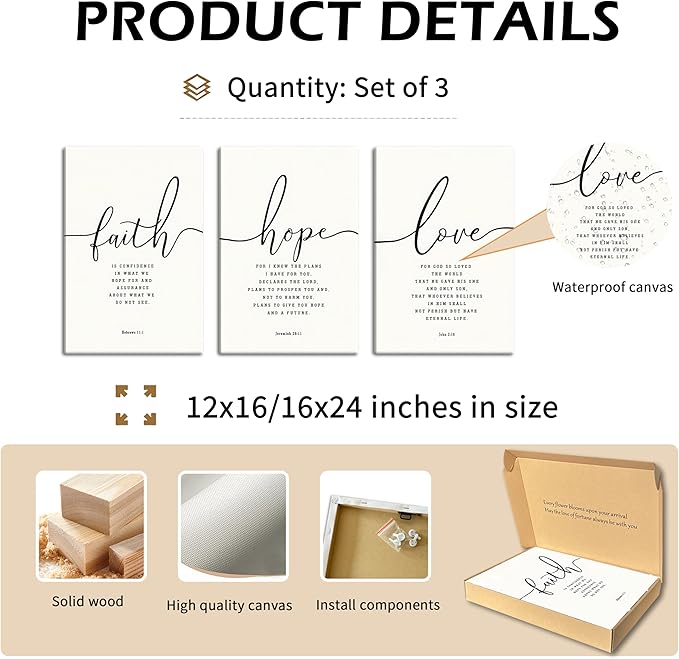 Farmhouse Bible Verses Wall Decor for Living Room - Minimalist Christian Scripture Wall Art Set of 3, Faith Hope Love Canvas Prints Religious Decor for Bedroom Office 12x16 inch Framed