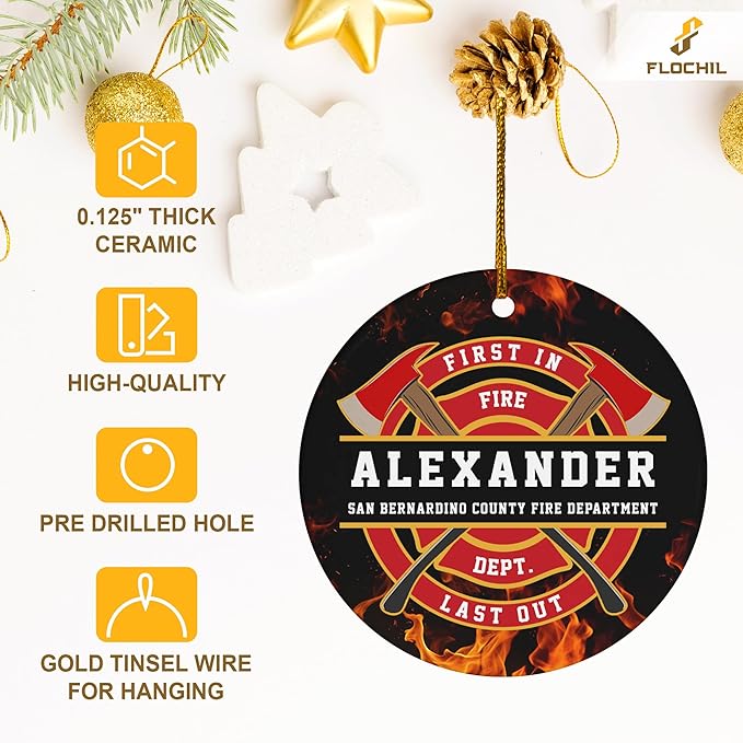 FLOCHIL Personalized Firefighter Ornaments, Custom Fireman Christmas Tree Ornaments with Name, Gifts for Men, Christmas