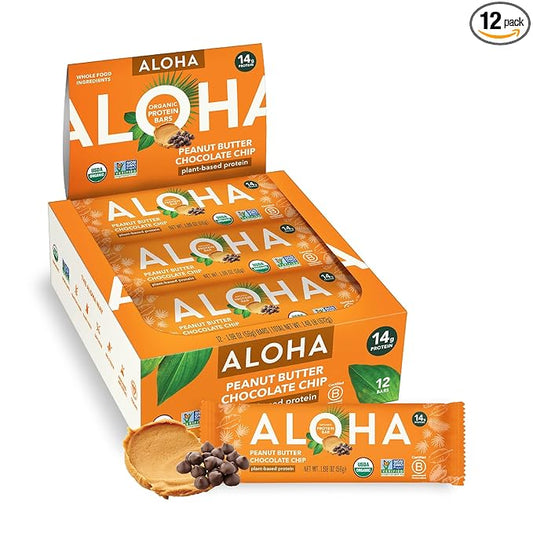 ALOHA Organic Plant Based Protein Bars |Peanut Butter Chocolate Chip | 1.98 Oz (Pack of 12) | Vegan, Low Sugar, Gluten Free, Paleo, Low Carb, Non-GMO, Stevia Free, Soy Free, No Sugar Alcohols
