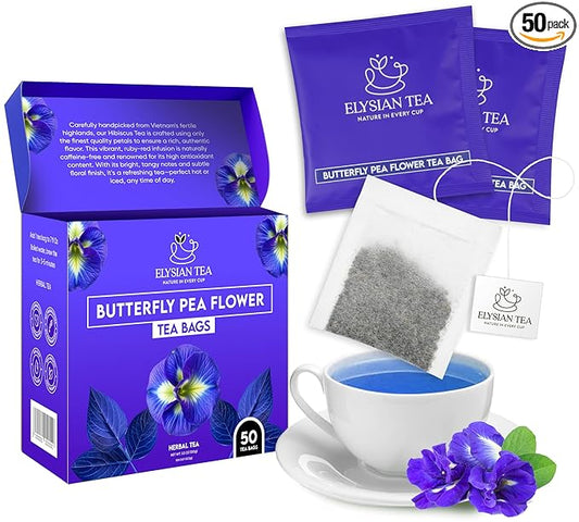 50 PACK Butterfly Pea Tea Bags – Individual Wrapped Tea Bags – Vibrant Blue All-Natural Herbal Tea | Caffeine Free | No Preservatives - Rich In Antioxidants