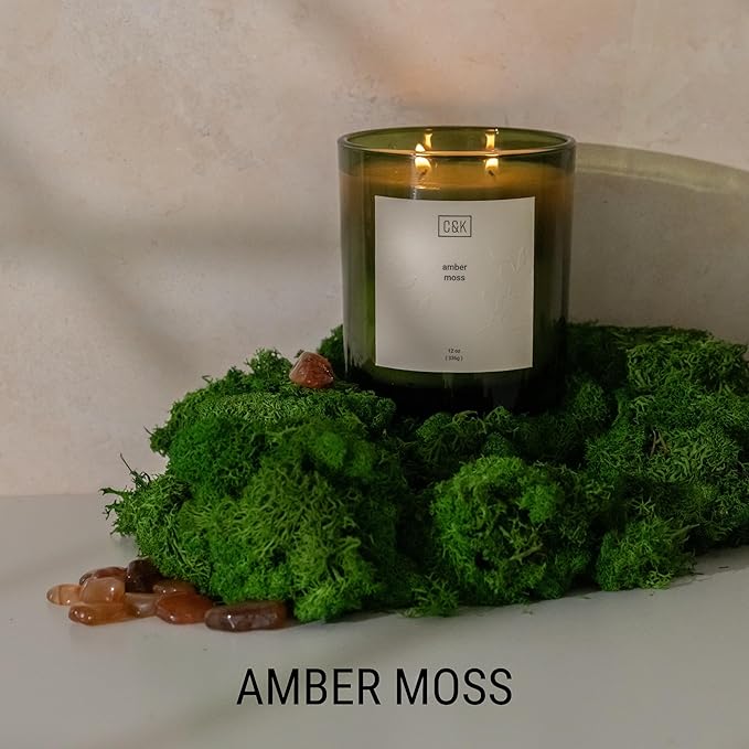 Craft & Kin 12oz Amber Moss Candle for Home | Premium Green Fall Scented Candles for Men | Made with Natural Soy | Gifts for Men and Women | Nature Collection