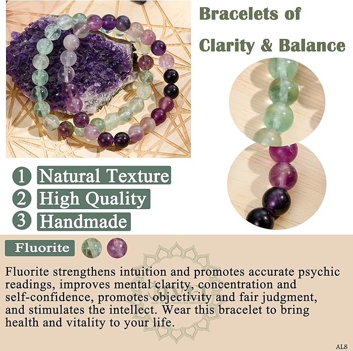 Bivei Natural Gemstone Semi Precious Healing Crystals Handmade Stretchy Round Beads Bracelet, Enhance Positive Energy