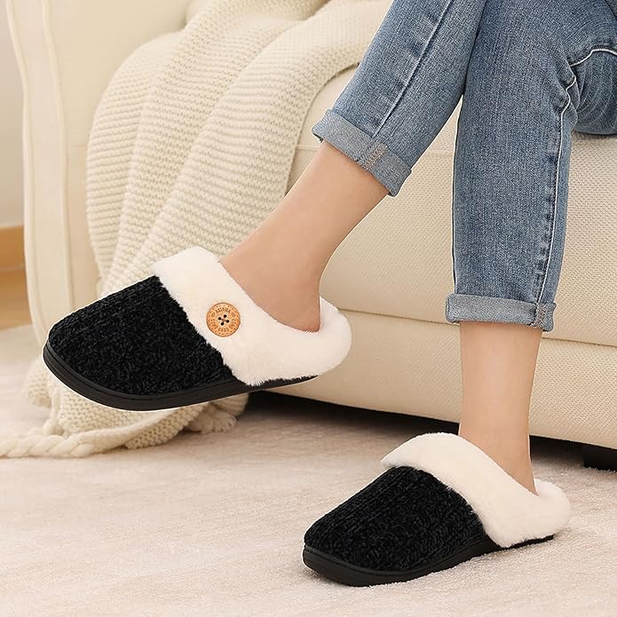 Evshine Warm Knit House Slippers for Women Comfy Wool-Like Lined Chenille Slippers with Memory Foam and Indoor Outdoor Soles