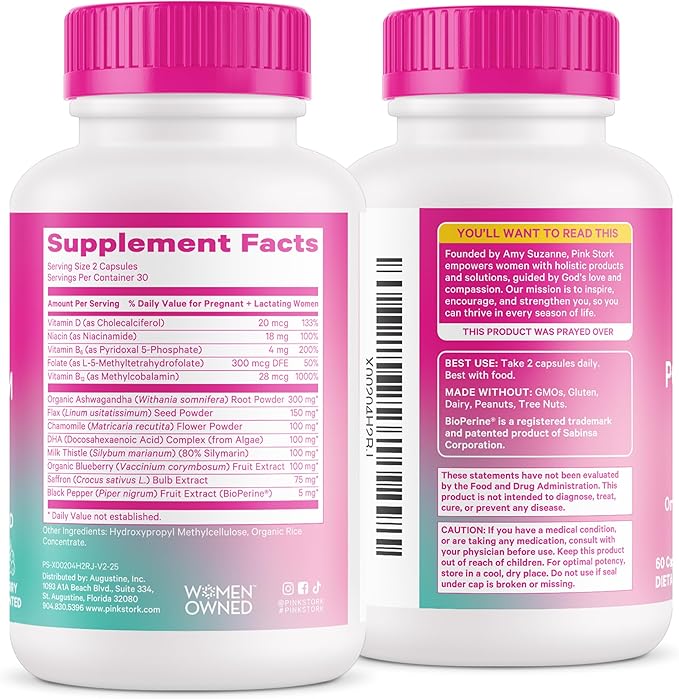 Pink Stork Postpartum Mood Support - Postnatal Hormone Balance for Women - Breastfeeding Friendly - Stress & Cognitive Support, New Mom Essentials - Ashwagandha, Chamomile, & Vitamin D, 60 Capsules