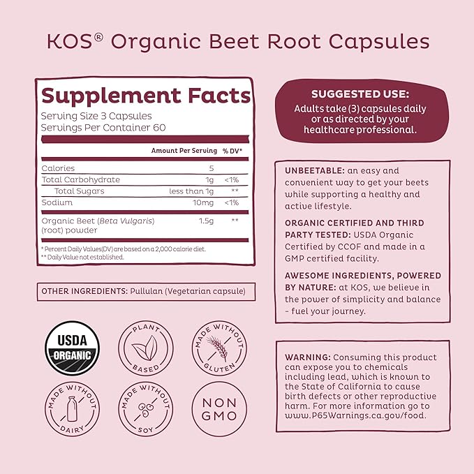 KOS Organic Beetroot Capsules 1500mg - USDA Organic, Antioxidant Power from Organic Beet Root Superfood, Supports Healthy & Active Lifestyle - Non-GMO, Vegan and Keto Friendly - 180 Capsules