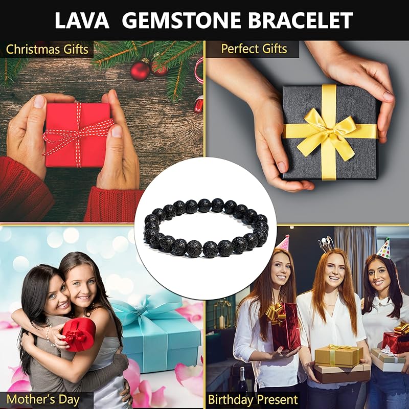 Lava Rock Diffuser Bracelet, Natural Healing Crystal Bracelet for Women and Men, 8mm Round Beaded Bracelet for Spiritual, Protection, Positive Energy, Elastic Adjustable Size Gemstone Bead Bracelet