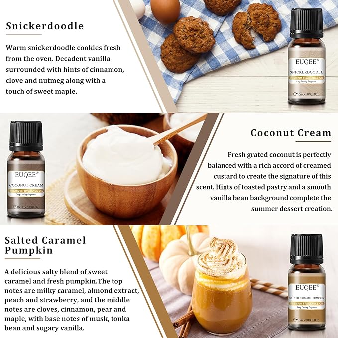 EUQEE 6PCS Premium Fragrance Oils for Homemade Bread-10ml-Pumpkin Pie, Coconut Cream, Snickerdoodle, Coffee Cake, Blueberry Pancakes, Salted Caramel Pumpkin