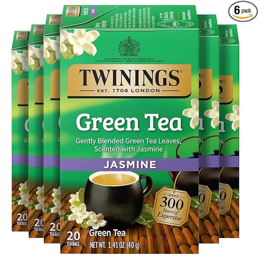 Twinings Green Tea with Jasmine Individually Wrapped Bags, 20 Count (Pack of 6), Fragrant Floral Scent, Caffeinated, Enjoy Hot or Iced, 120 Teabags