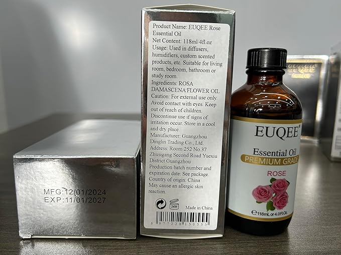 EUQEE Rose Essential Oil 118mL Large Capacity Rose Oil Premium Essential Oil with Glass Dropper for Diffuser, Soap & Candle Making, Aromatherapy - 4Fl. Oz