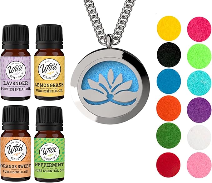 Wild Essentials Open Lotus Flower Necklace Essential Oil Diffuser Kit, Lavender, Lemongrass, Peppermint, Orange Oils, 12 Refill Pads, Aromatherapy Gift Set, Customizable Color Changing, Perfume