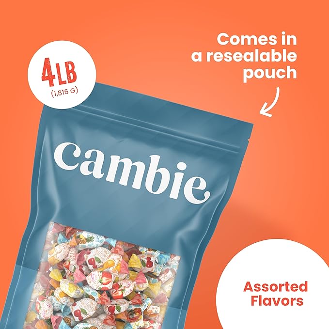 Assorted Fruit Hard Candy Individually Wrapped by Cambie, 4 lbs of Halloween Candy Bulk with a Deliciously Sweet Hard Exterior with a Soft, Decadent Filled Center