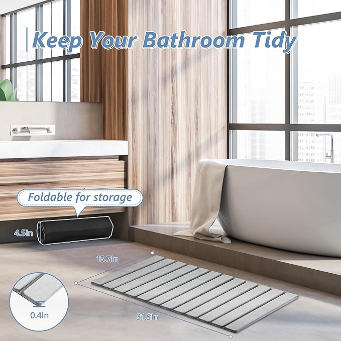 AWW Foldable Stone Bath Mat, Super Absorbent Diatomaceous Earth Mats, Non-Slip 31.5×15.7 Inch Quick Drying Mat, Compact and Easy to Store Bath Mats for Bathroom, Easy to Clean, Light Grey