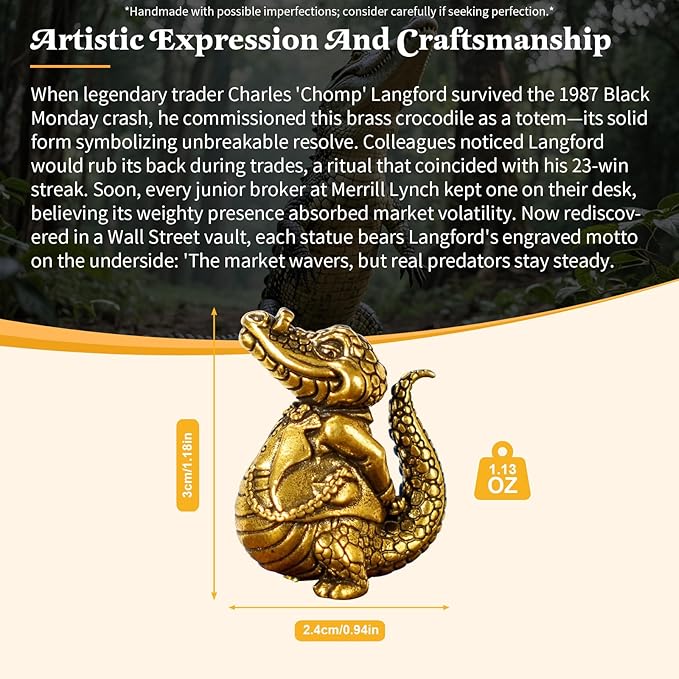 Crocodile Tycoon Brass Statue - 100% Solid Handcast Swagger Pose Figurine, Motivational Gift for Ambitious Professionals, Unique Animal Sculpture for Success & Wealth