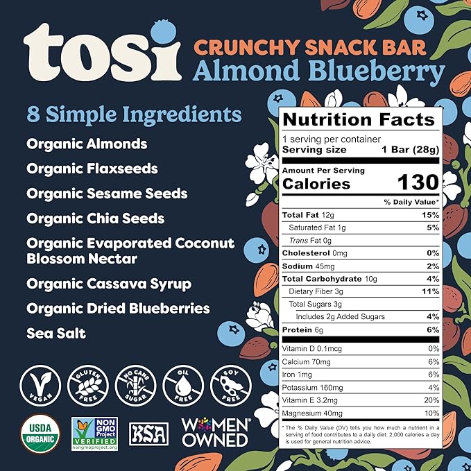 Tosi Almond Blueberry Protein Bars, Plant Based with Nuts, Gluten-Free Crunchy Snacks, Vegan, Organic, Flax & Chia Seeds, Soy-Free, Omega 3s, 5G Protein, 1 oz, 12-Pack