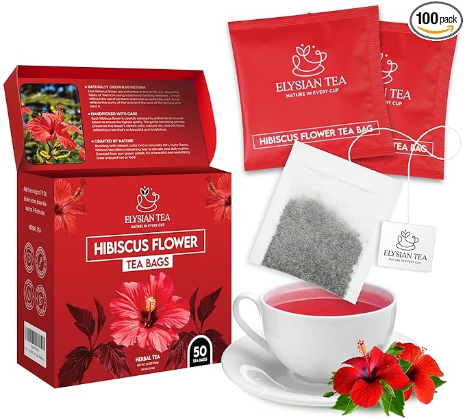 100 PACK Hibiscus Tea Bags – Individual Wrapped Tea Bags – All Natural Herbal Tea | Caffeine Free | No Preservatives, No Sugar – Great For All Seasons