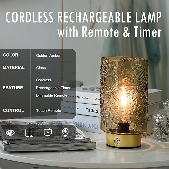 Cordless Lamps Rechargeable Battery Operated lamp,Glass Table Lamp Remote Control-Dimmable Brightness Touch Wireless Bedside Lamp for New Home Gift/Bedroom/Kitchen/Living Room Decor Amber