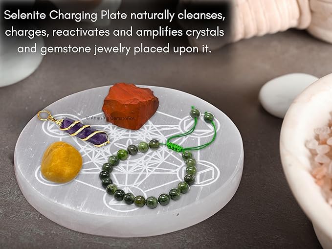 Amazing Gemstone Selenite Crystal Charging Plate For Crystals And Healing Stones, 3" Selenite Crystal Plate Engraved Metatron Platonic Solid Coaster For Home, Office Table Decor (Selenite Round Disc)