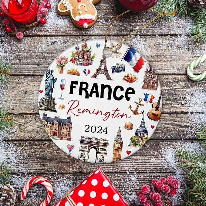 France Ceramic Ornament Christmas 2025, Personalized Paris Culture and Landmarks Xmas Decor, France City Souvenir Christmas Ornament Gifts for Traveller, Custom Name Classical France Ceramic Ornament