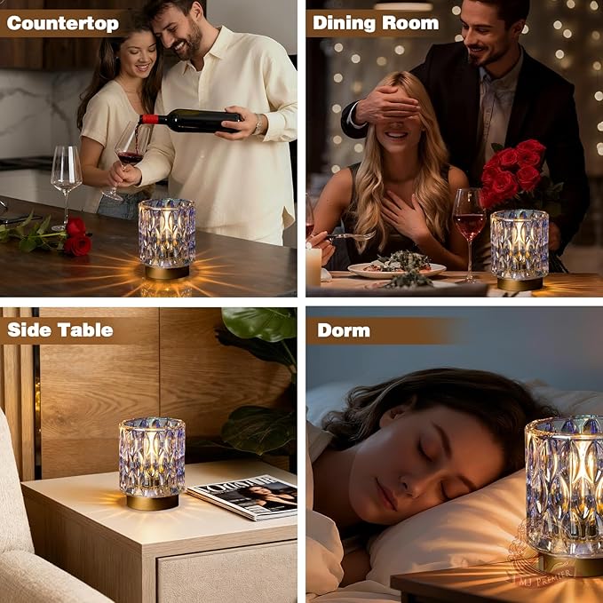 Battery Operated Table Lamps Timer, Mini Crystal Lamp for Area No Plug, Cordless Lamp with LED Bulb for Power Outage, Decorative Lamps for Tabletop/Corner/Entryway/Stairway/Bathroom/Fireplace (PEARL)