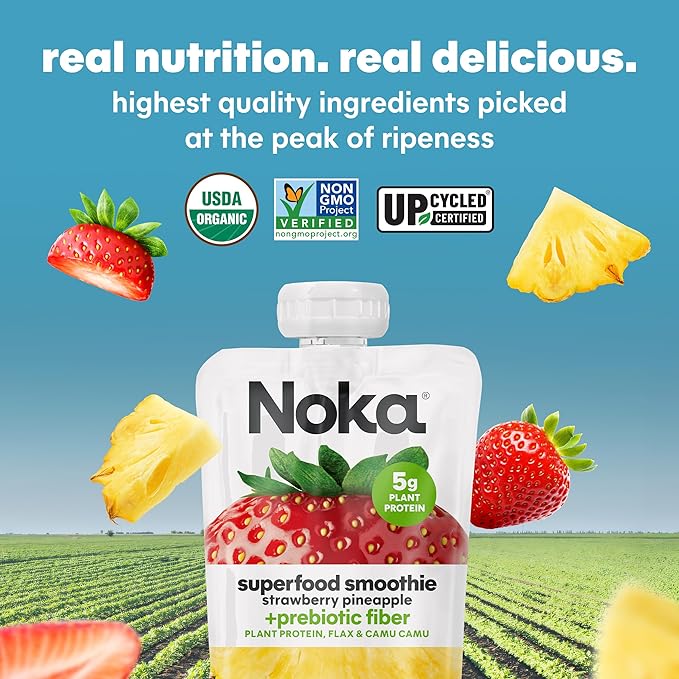 Noka Superfood Fruit Smoothie Pouches Variety Pack, Healthy Snacks with Flax Seed, Plant Protein and Prebiotic Fiber, Vegan and Gluten Free Snacks, Made in USA, Organic Squeeze Pouch, 4.22 oz, 6 Count