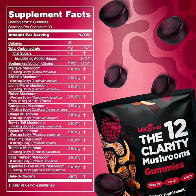 KIKI Green 12 Mushroom Supplement Gummies - Lion's Mane, Cordyceps, Chaga, Reishi, Turkey Tail & 7 More for Memory, Focus, Immunity - 60 Mushroom Gummies for Adults with Raspberry Flavor 10:1 Extract