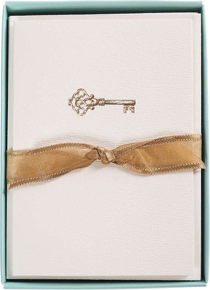 Graphique Key La Petite Presse Boxed Notecards - 10 Embossed and Embellished Gold Foil Vintage Key Blank Cards with Matching Envelopes, 3.25" x 4.75" (L1543CB)