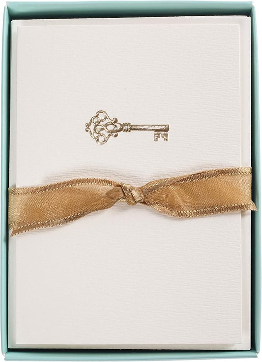 Graphique Key La Petite Presse Boxed Notecards - 10 Embossed and Embellished Gold Foil Vintage Key Blank Cards with Matching Envelopes, 3.25" x 4.75" (L1543CB)