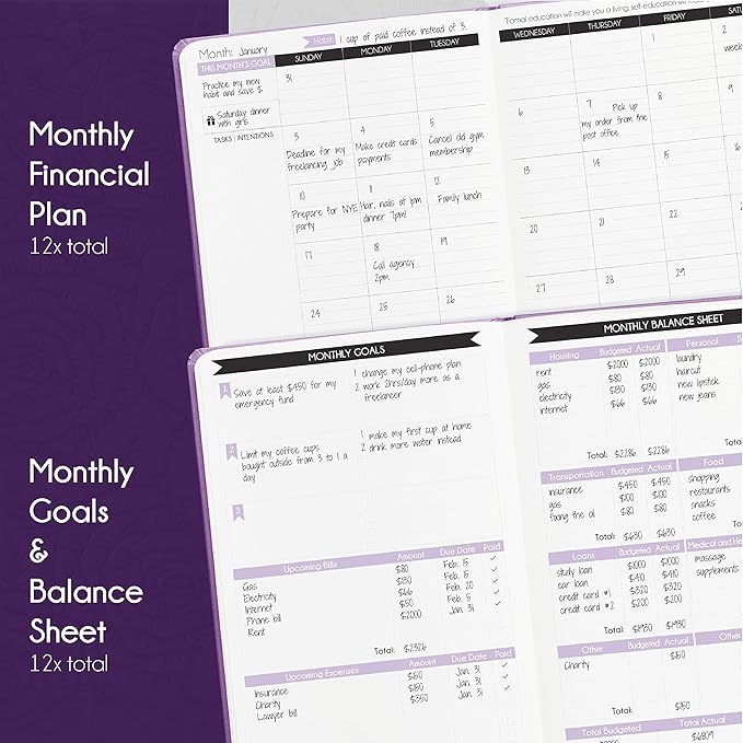 Financial Planner - Monthly Budget Planner & Monthly Bill Organizer | A 12-Month Journey to Financial Freedom | Bill Payment Tracker Organizer, Debt, Expense Tracker & Money Saving with Pockets