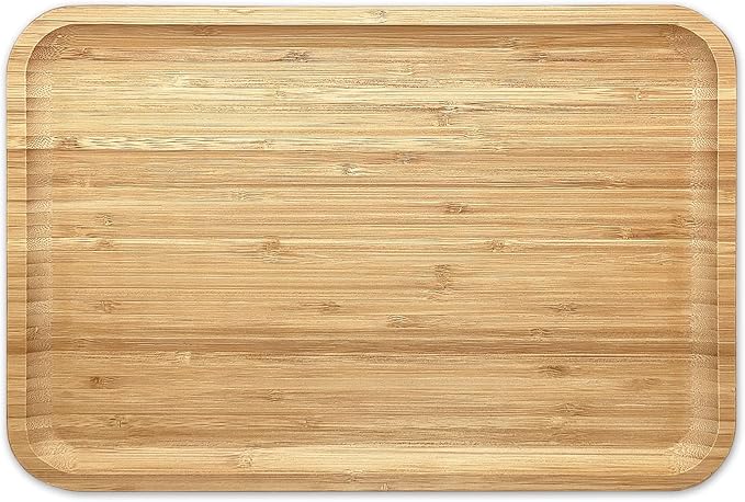Bam&Boo Bamboo Serving Tray Natural Minimalist Rectangular (14.1” x 9.4" x 0.8") Coffee, Tea, Food, Drinks, Storage, Decor for Home, Kitchen, Bathroom