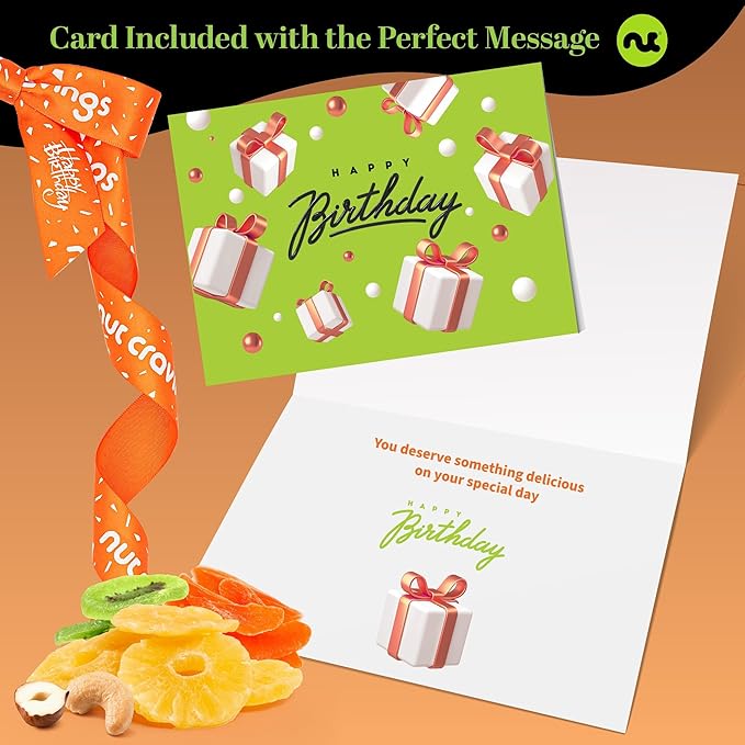 NUT CRAVINGS Gourmet Collection - Happy Birthday Treats, Dried Fruit & Mixed Nuts Gift Basket with Bday Ribbon in Reusable Wooden Tray (12 Assortments) Food Arrangement, Healthy Snack Food Assortments