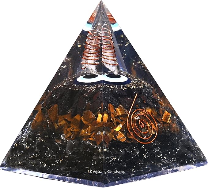 Amazing Gemstone Organite Orgone Pyramid Extra Large 95MM - Orgone Energy Pyramid with Evil Eye, Hematite, Tiger Eye,Black Obsidian Crystals&Healing Stone - Orgonite Pyramids Crystals&Positive Energy