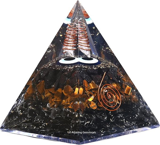 Amazing Gemstone Organite Orgone Pyramid Extra Large 95MM - Orgone Energy Pyramid with Evil Eye, Hematite, Tiger Eye,Black Obsidian Crystals&Healing Stone - Orgonite Pyramids Crystals&Positive Energy