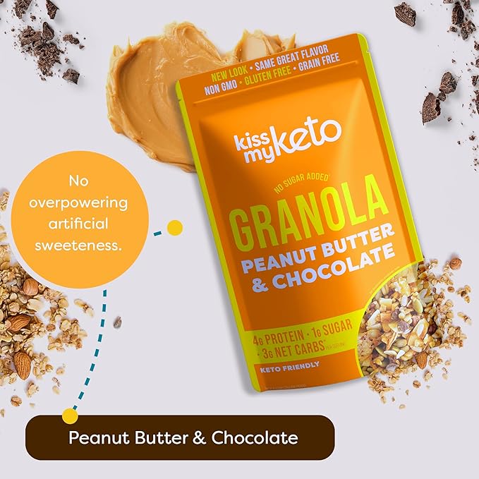 Kiss My Keto Sugar Free Granola, Peanut Butter Chocolate 4-Pack – Curb Cravings with Few Net Carbs – Allulose Sweetened, Resealable & Gluten-Free Crunchy Clusters – Grain Free Granola Great With Yogurt or Milk