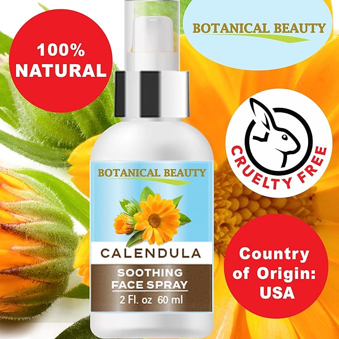 Botanical Beauty Calendula Face Spray - Soothing, Hydrating Mist for Sensitive Skin, Face & Body - 100% Natural, Unscented, Vegan - Eczema, Acne, Dry Skin Relief 2 Fl Oz - 60 ml.