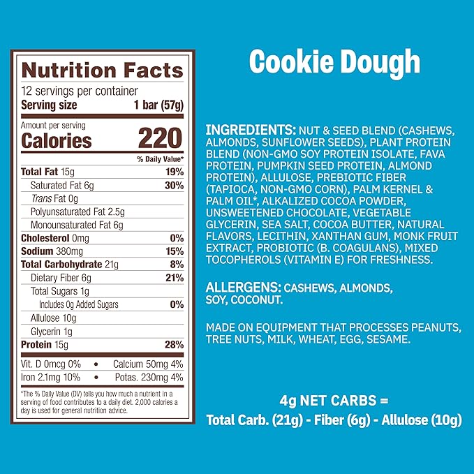 Munk Pack 15g Probiotic Keto Protein Bars - Low Sugar, High Protein -1g Sugar, 4g Net Carbs. Vegan + Plant Based Gut Health. Low Carb Healthy Snack Bar. Cookie Dough- 12 Count