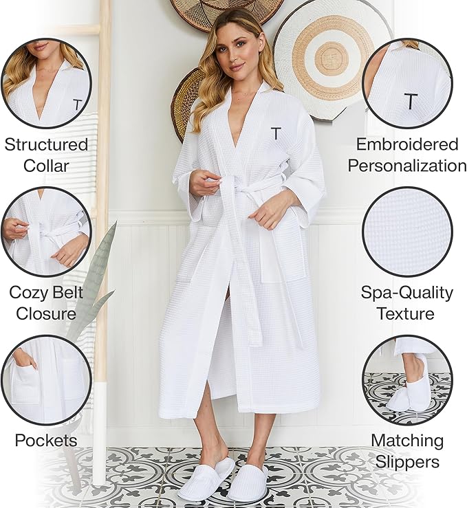 Lotus Linen Waffle Robes for Women - Lightweight Cotton Kimono Bathrobe - Long Soft Spa Bath Robe