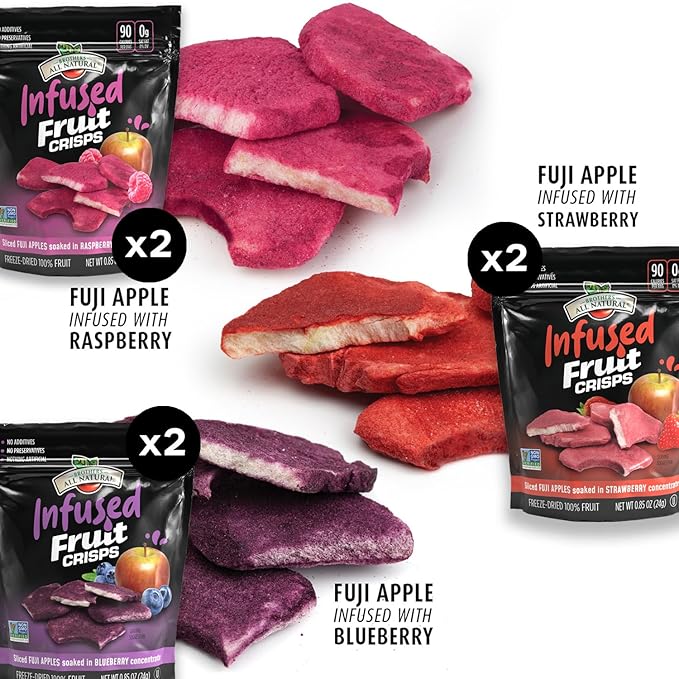 Brothers All Natural Infused Freeze Dried Fruit Crisps, Variety Pack, 0.85 Oz (Pack of 6), Fuji Apple Infused with Blueberry, Raspberry & Strawberry, Made with 100% Fruit, Gluten Free, Soy Free, Vegan, Heathy Snack, Resealable Pouch