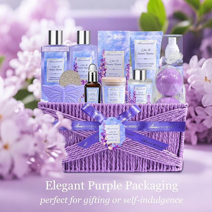 Gift baskets for women, 15Pcs Lilac Women Bath Gift Baskets w/Body Mist, Diffuser, Bath Bomb. Unique Relaxing Spa Gift Basket Set, Mothers Day Gifts for Mom Wife Grandma Daughter Friends Sister