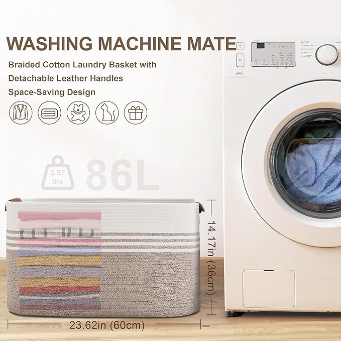 86L Extra Large Laundry Basket with Leather Handles for Living Room Storage, Woven Rope Baskets for Blanket, Kids Toy, Gifts, Wicker Hamper for Bedroom Dirty Clothes, 24"x16"x14" White Brown