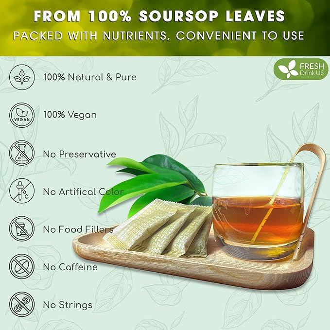 FreshDrinkUS, Premium 10 Soursop Graviola Leaf Tea Bags, 100% Natural & Pure from Soursop Leaves, Hoja Guanabana Herbal Tea. Made with Natural Material Tea Bags. No Sugar, No Caffeine, Vegan.