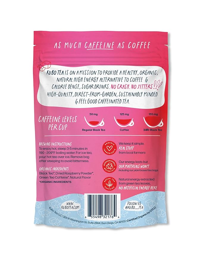 Kubo Tea Organic High Energy Iced Tea - High Caffeine Raspberry Blend - Healthy Coffee Substitute w/ 20 Servings (155mg Caffeine each) - Great for Hot & Cold Brew, Pillow Bags, Compostable Packaging