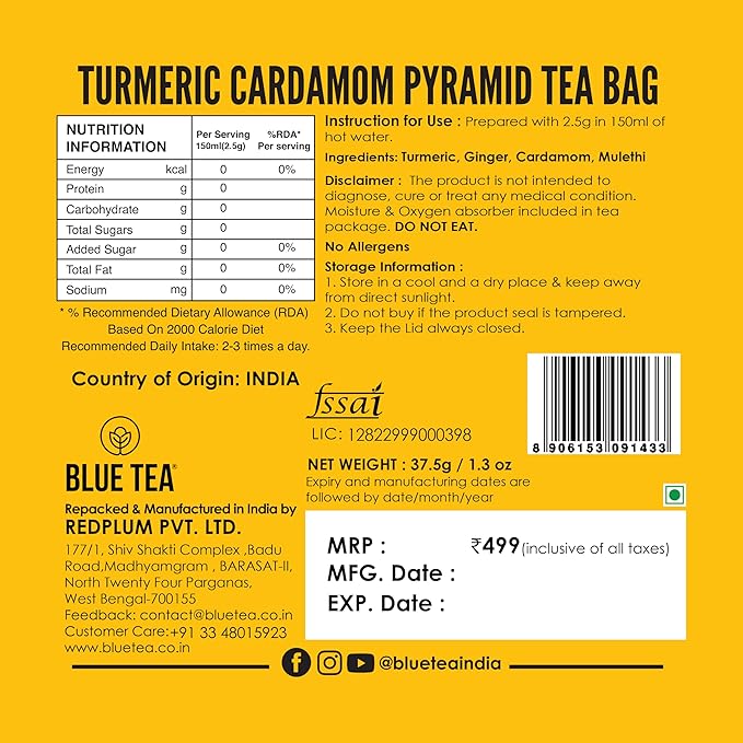 BLUE TEA - Turmeric Tea - Cardamom - 15 Count - Pyramid Plant Based Tea Bag | CURCUMIN RICH - HERBAL BLEND | Detox Tea - Herbal Tea - Caffeine Free - Gluten Free - Earthy Flavor - Healthy | Reusable Tin Pack