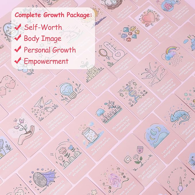 Positive Affirmation Cards for Teen Girls (Ages 10-16), 54 Daily Self Love Cards, Pink Confidence Building Gift Set with Mindset Activities