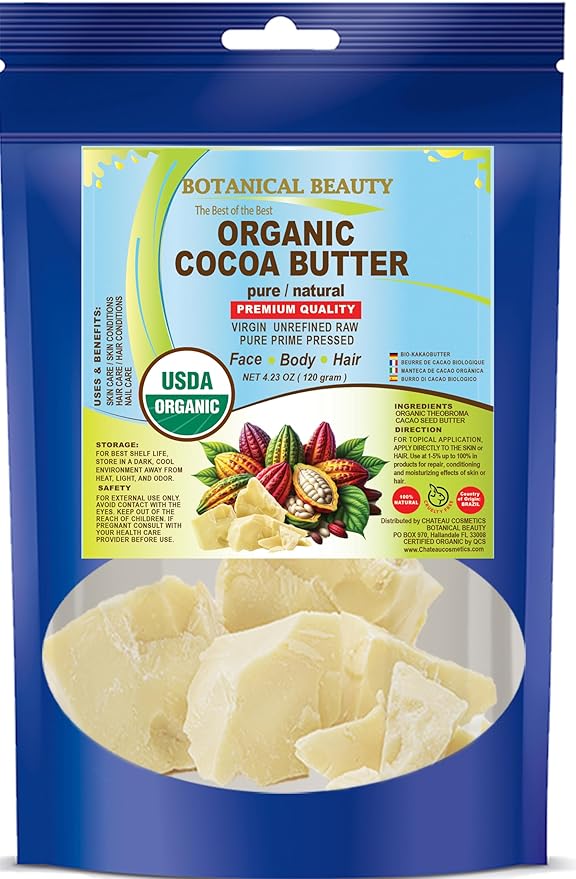Botanical Beauty Organic COCOA BUTTER WILD GROWTH RAW VIRGIN UNREFINED from BRAZIL for Face, Skin, Hair, Body, Nails 4.23 oz 120 gram. Rich in Vitamin E