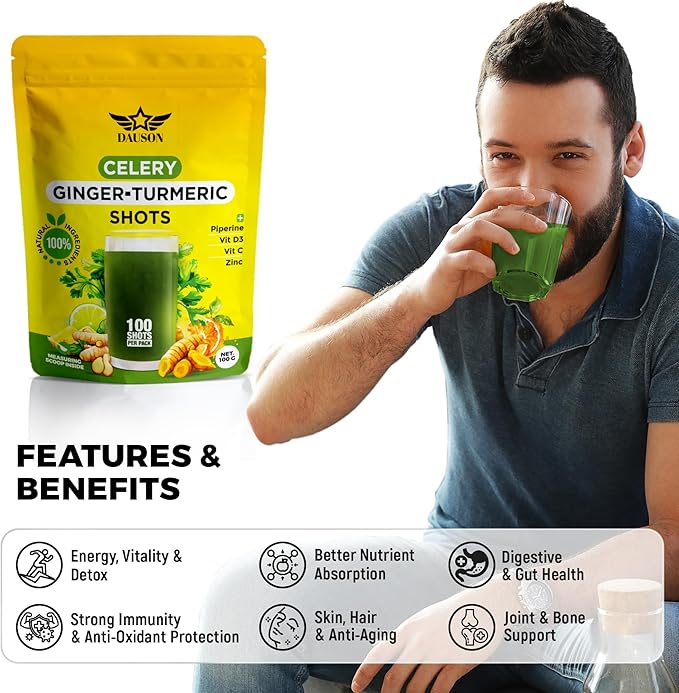 Celery Ginger Turmeric Shots – Detox & Bloat Support Drink Powder with Lemon, Pineapple, Vitamin C, D3 & Zinc – Vegan Wellness Shot – 100 Shots