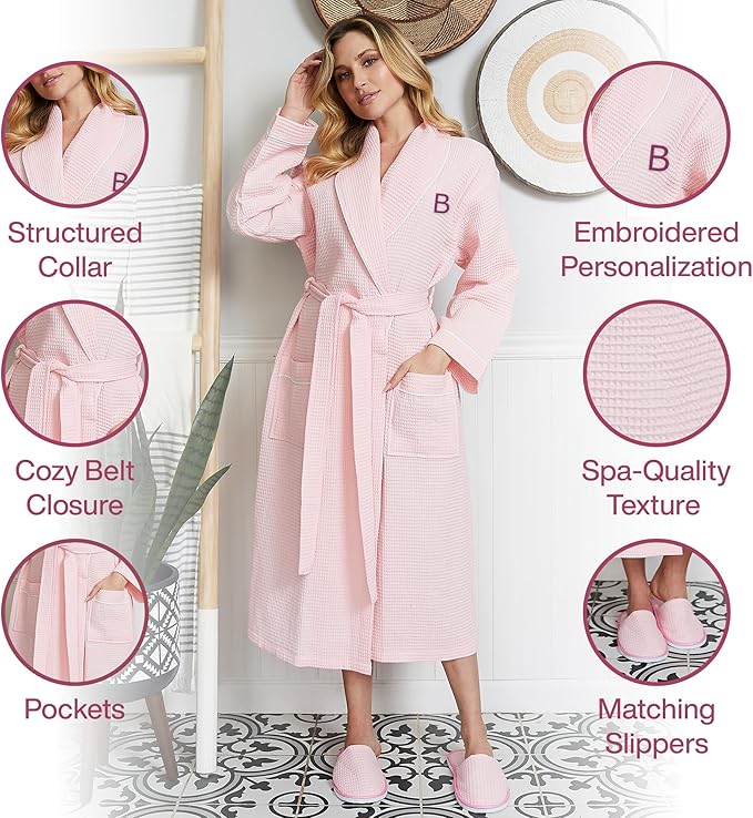 Lotus Linen Waffle Robes for Women - Lightweight Cotton Kimono Bathrobe - Long Soft Spa Bath Robe