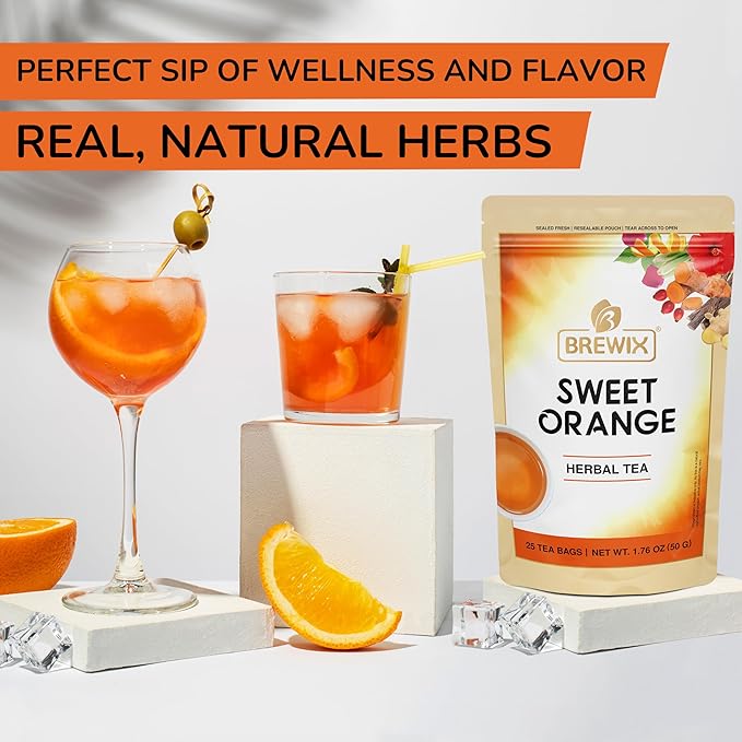 BREWIX, Sweet Orange Hibiscus Tea Bags (25 Pyramid Tea Bags) Caffeine-Free Herbal Tea | Ginger, Hibiscus, Spearmint, Rosehip, Turmeric | Supports Daily Balance & Calm | For Health & Wellbeing | Iced and Hot