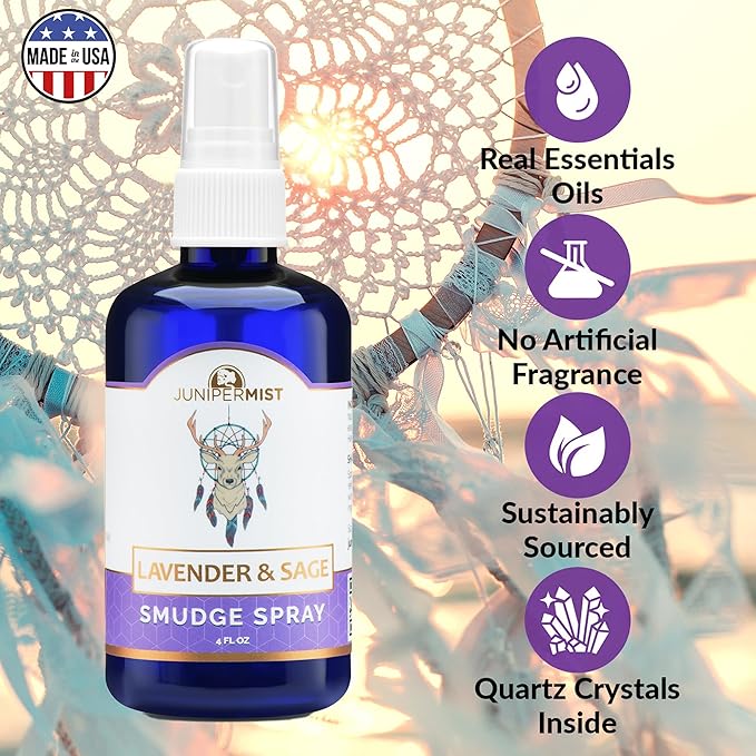 Lavender and Sage Smudge Spray (4oz) Calm & Clear - Smudge Mist for Cleansing Negative Energy – Smokeless Sage Water Spiritual Room Spray – USA Made